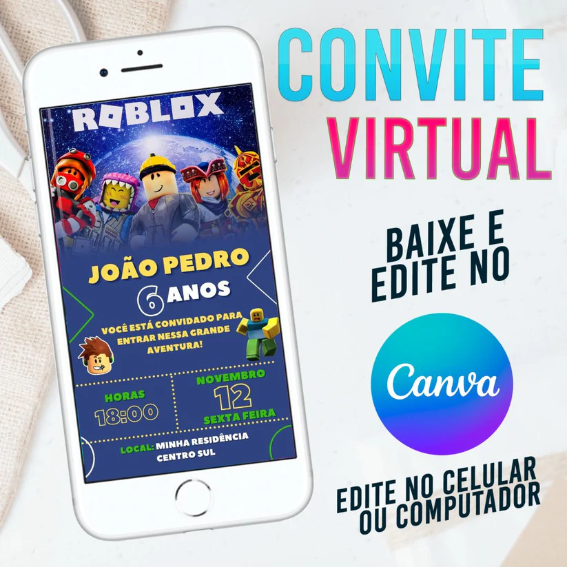 Convite Roblox Digital Editável - Template Canva Personalizado