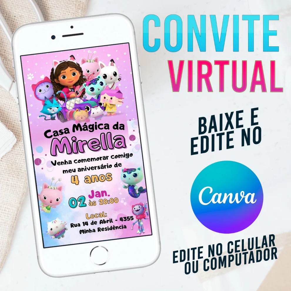 Convite Casa Mágica da Gabby Mundo Encantado - Festa Gatinha Mágica