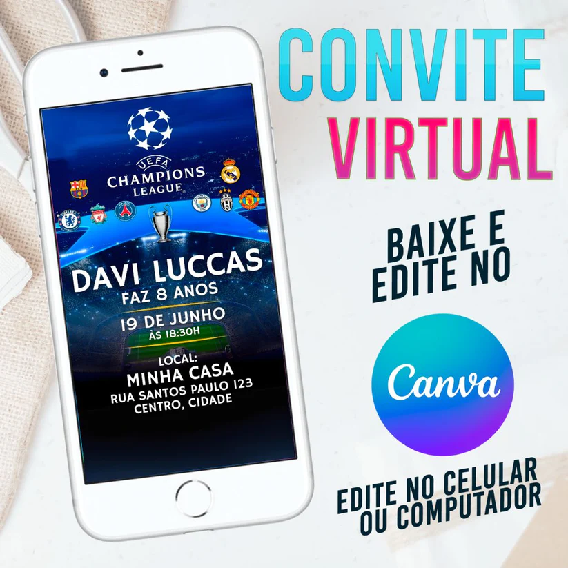 Convite Virtual UEFA Champions League Editável no Canva