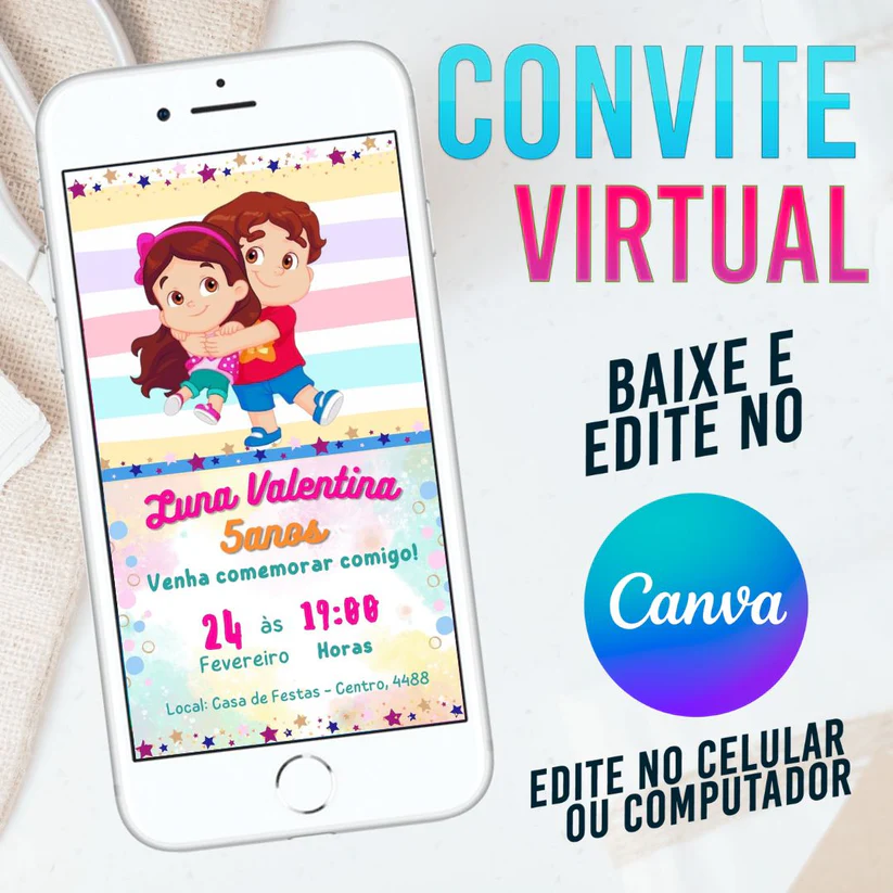 Convite Virtual Maria Clara e JP Editável no Canva - Tema Youtubers Infantis