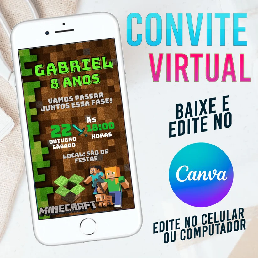 Convite Virtual Minecraft Editável no Canva - Tema Festa Pixel Terra e Blocos