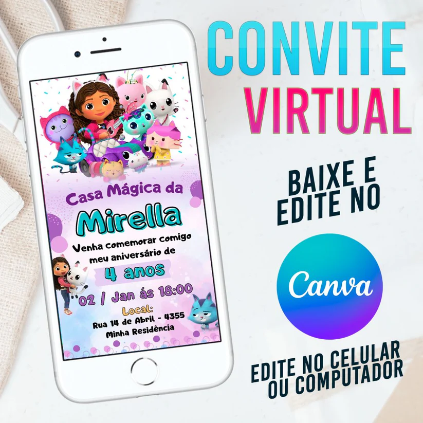 Convite Virtual Casa Mágica da Gabby Editável no Canva