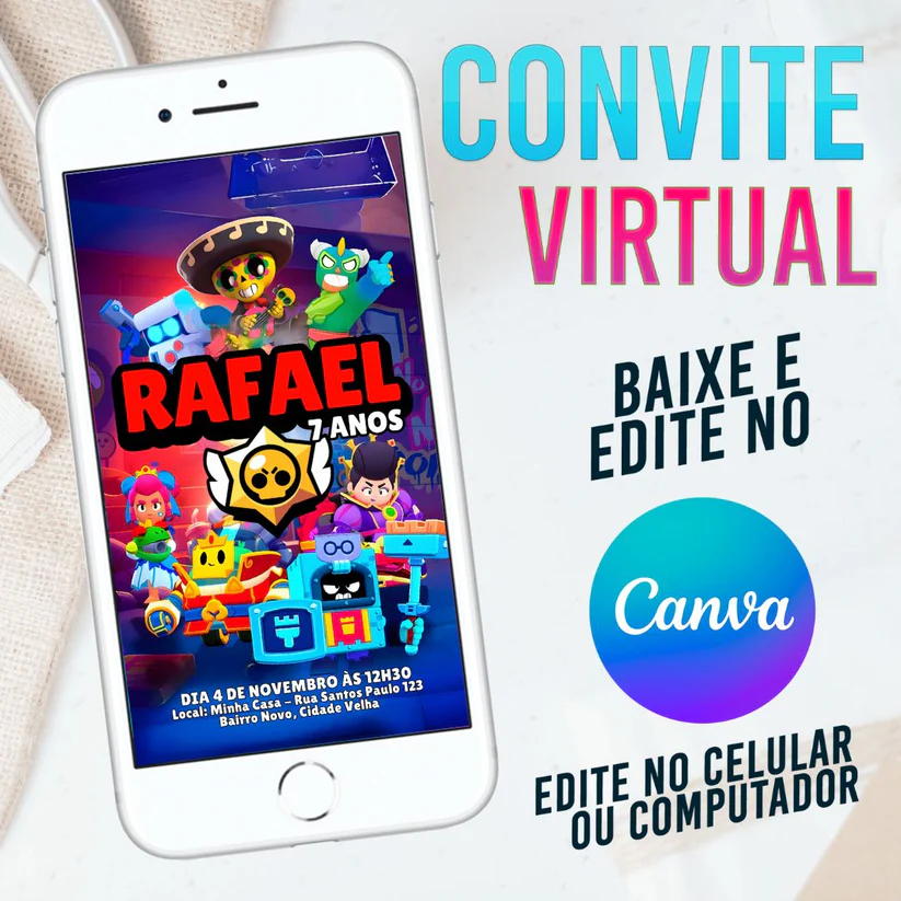 Convite Virtual Brawl Stars Editável no Canva - Festa Tema Gamer e Brawlers