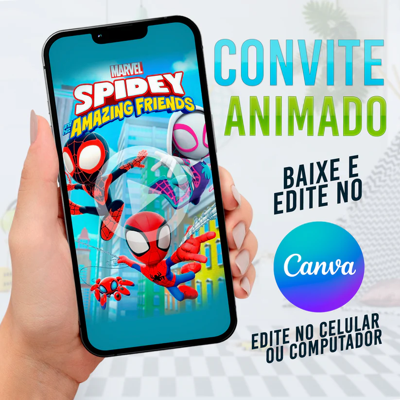 Convite Animado Spidey e Seus Amigos Editável no Canva - Festa Marvel Disney Jr. (Vídeo)