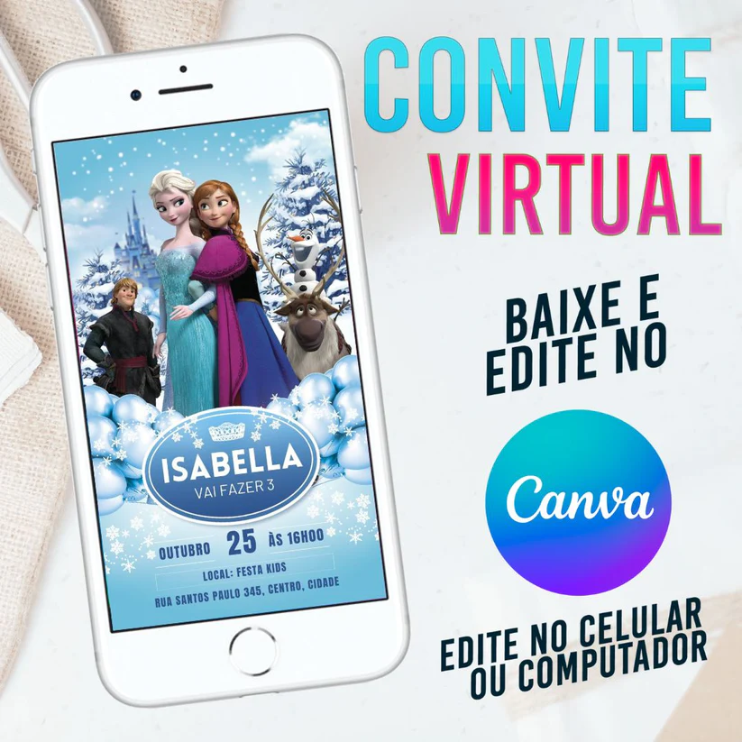 Convite Virtual Frozen Elsa e Anna Editável no Canva - Festa Disney Dupla Magia