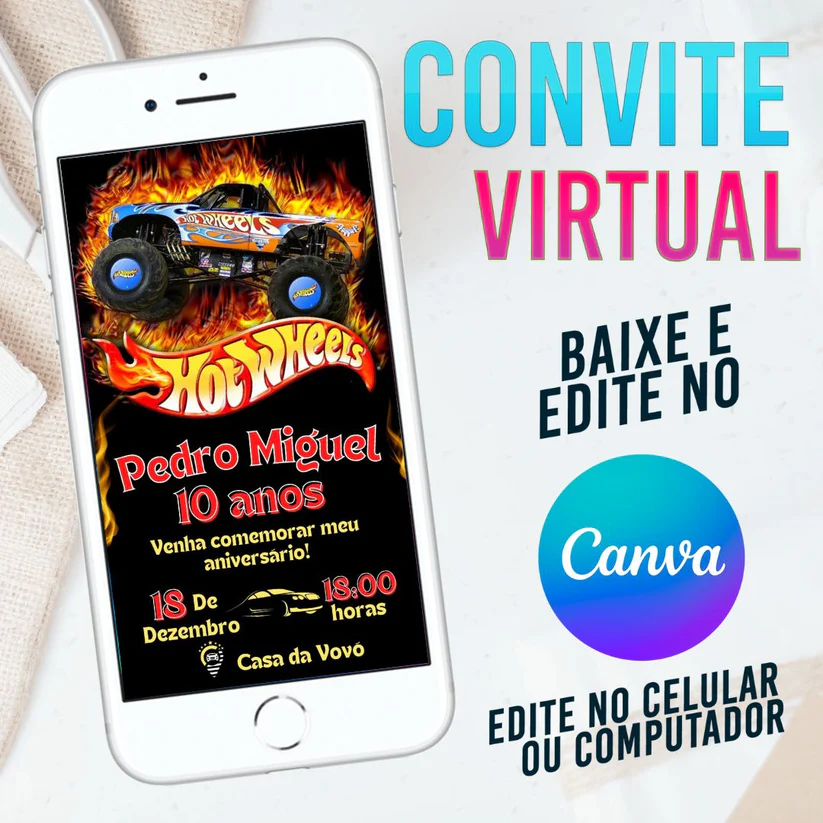 Convite Virtual Hot Wheels Monster Truck Editável no Canva - Festa Radical