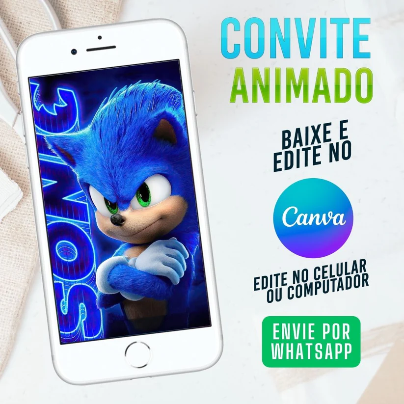 Convite Animado Sonic Filme Editável no Canva - Festa Sonic (Vídeo)