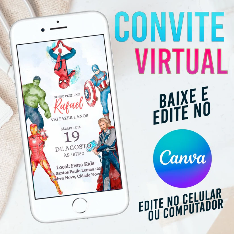 Convite Virtual Vingadores em Aquarela Editável no Canva - Festa Marvel Heróis