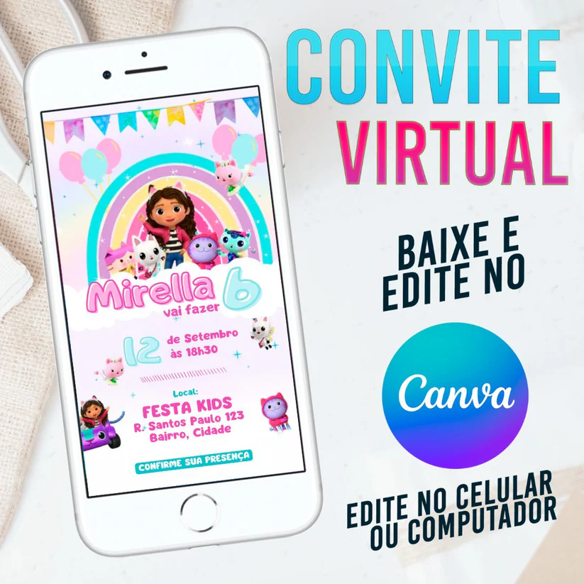 Convite Virtual Casa Mágica da Gabby Editável no Canva - Festa Gabby's Dollhouse
