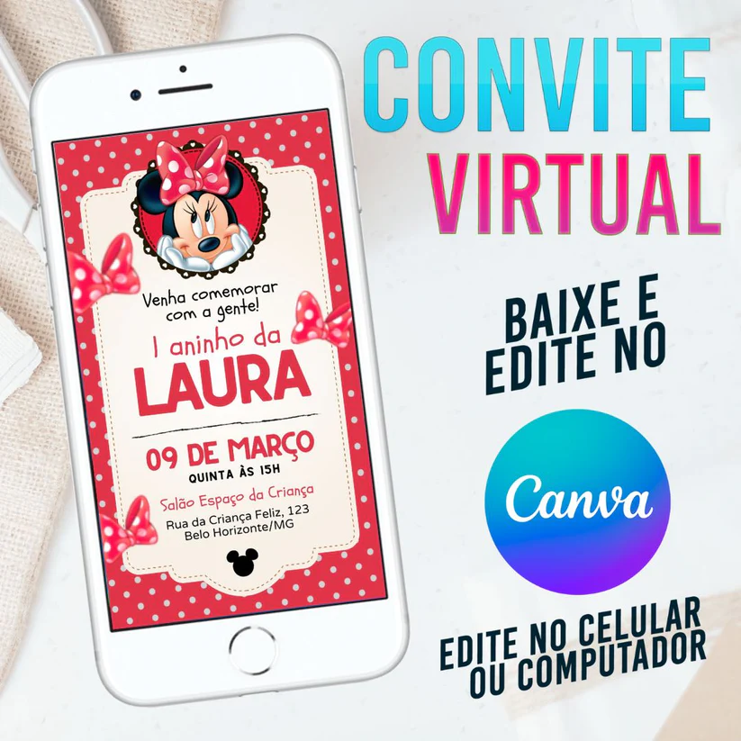 Convite Virtual Minnie Mouse Editável no Canva - Festa 1 Ano Clássico Disney