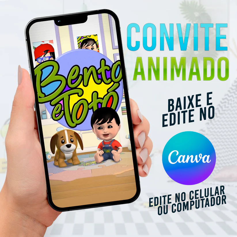 Convite Animado Bento e Totó Editável no Canva - Festa Infantil Amizade (Vídeo)