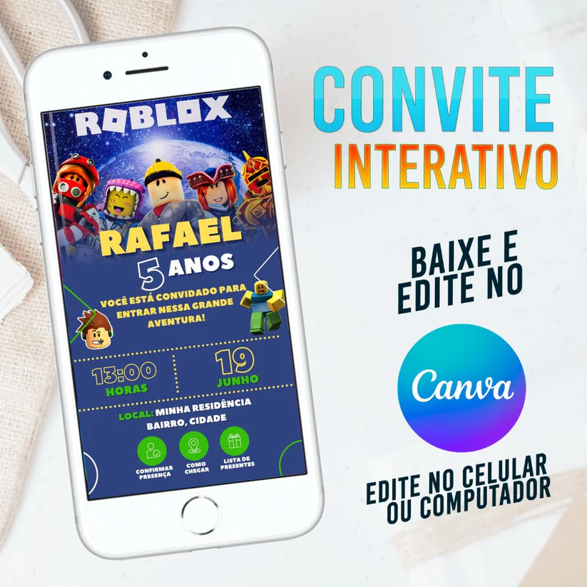 Convite Interativo Roblox Editável no Canva - (Gamer)