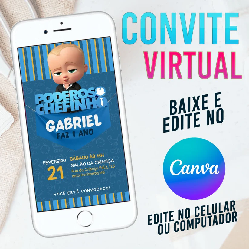 Convite Virtual O Poderoso Chefinho Editável no Canva