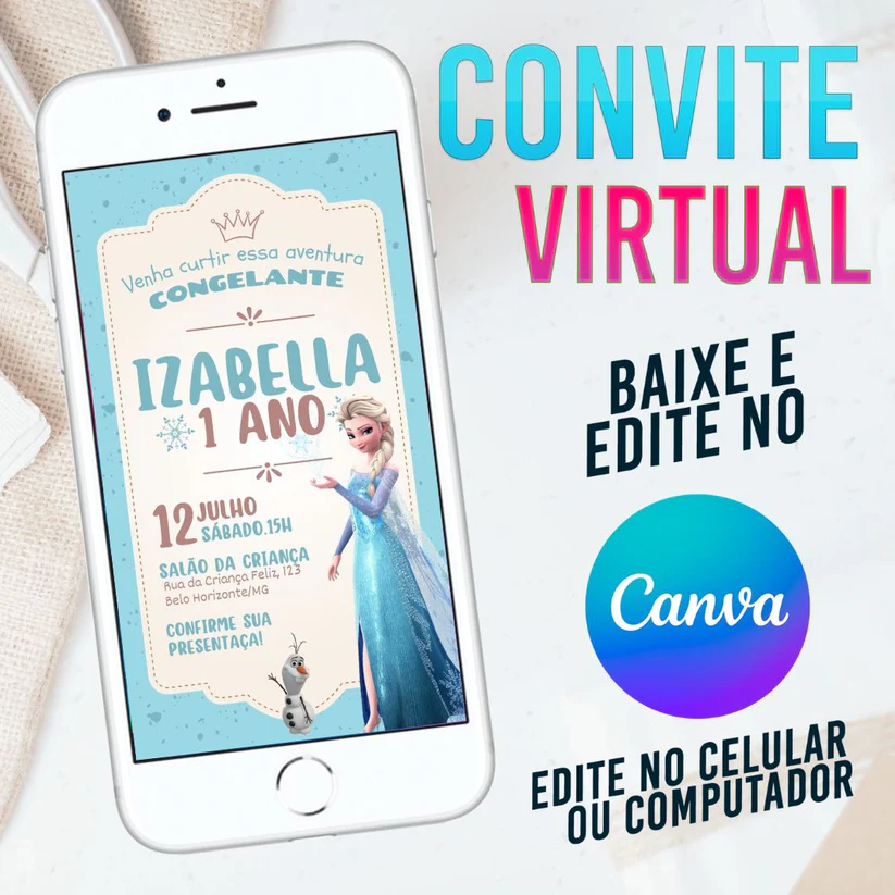 Convite Virtual Frozen Elsa Editável no Canva - Festa Aventura Congelante
