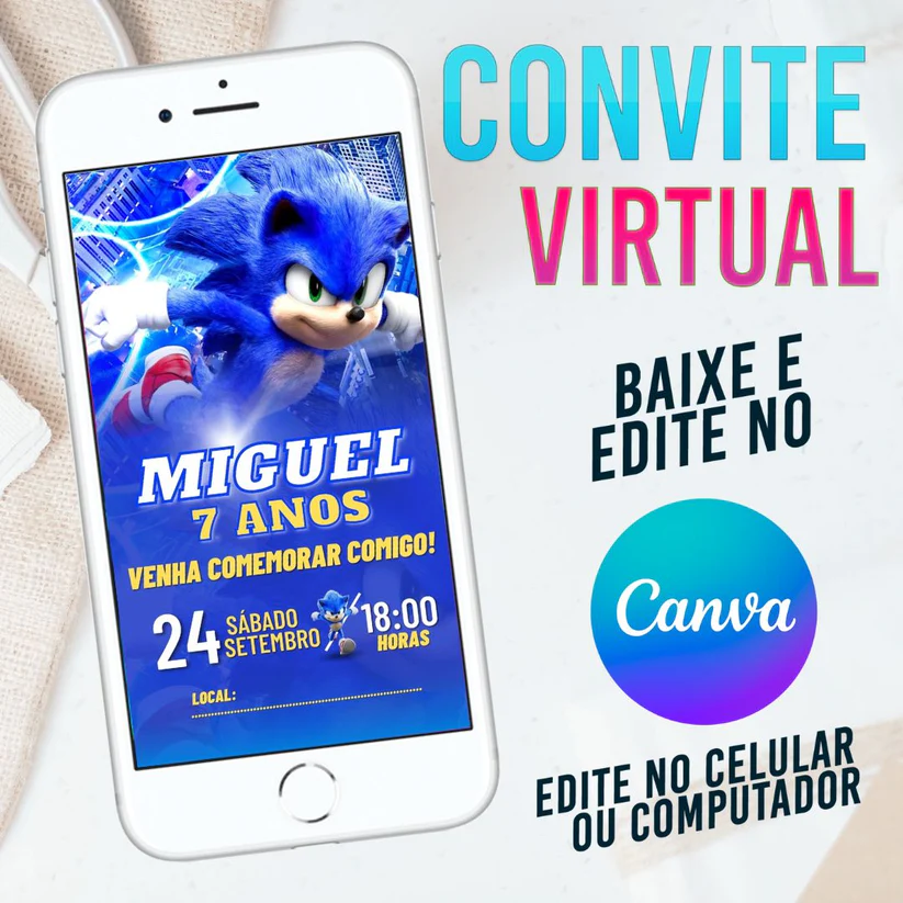 Convite Virtual Sonic Editável no Canva - Festa Infantil Tema Gamer (Velocidade)