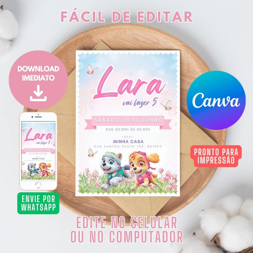 Convite Skye e Everest Editável no Canva - Patrulha Canina Meninas (Digital e Impressão)