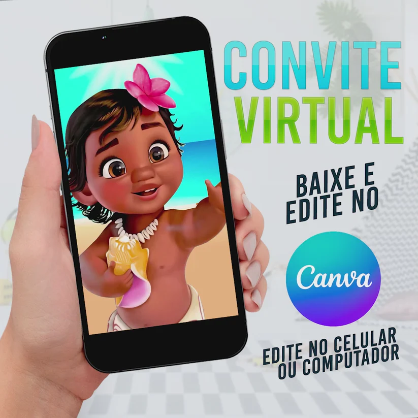 Convite Virtual Moana Baby Editável no Canva - Tema Tropical Disney