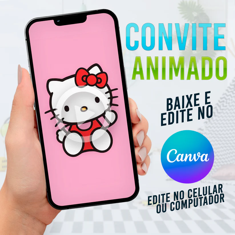 Convite Animado Hello Kitty Editável no Canva - Festa Infantil Fofa (Vídeo)