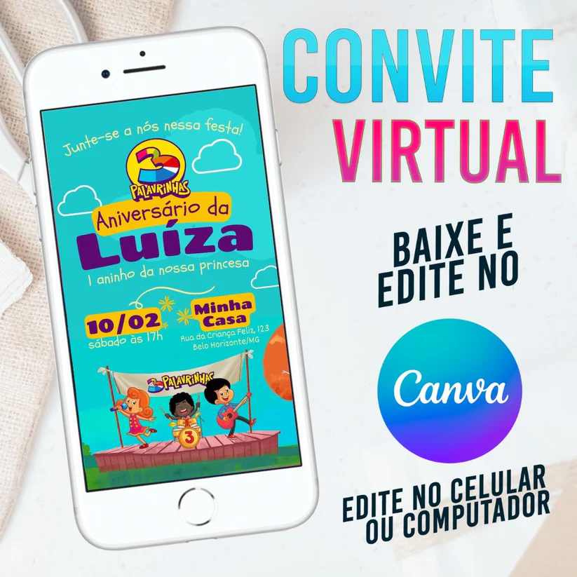 Convite Virtual 3 Palavrinhas Editável no Canva - Tema Gospel