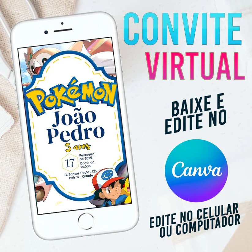 Convite Virtual Pokémon Editável no Canva - Festa Ash e Mestre Pokémon