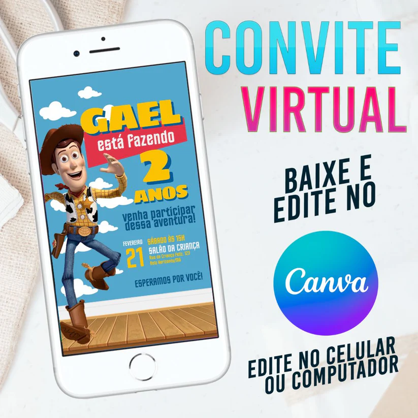 Convite Virtual Toy Story Editável no Canva - Festa Infantil Woody e Buzz