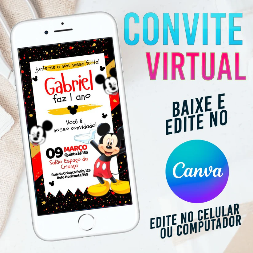 Convite Virtual Mickey Mouse Editável no Canva (Clássico Disney)
