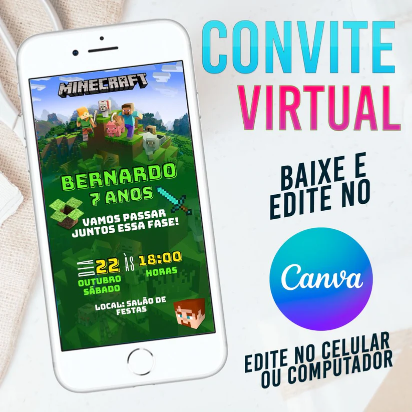 Convite Virtual Minecraft Editável no Canva - Tema Festa Gamer com Espada de Diamante