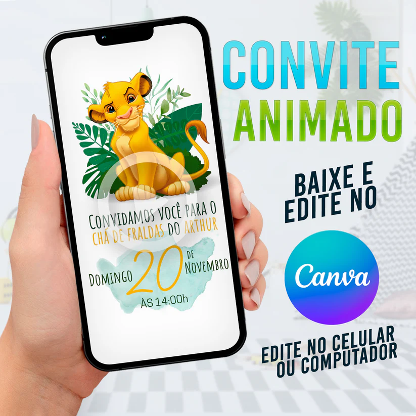 Convite Animado Rei Leão (Simba) Editável no Canva - Festa Infantil Disney (Vídeo)