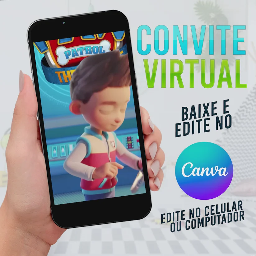 Convite Virtual Patrulha Canina Editável no Canva - Festa Ryder e Filhotes