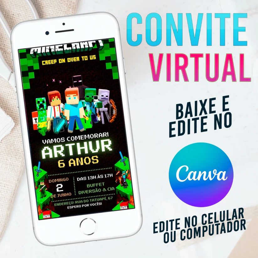 Convite Virtual Minecraft Editável no Canva - Solução Rápida para Pais e Mães!
