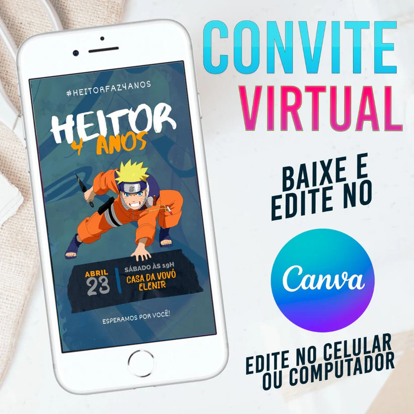 Convite de Aniversário Naruto Editável no Canva