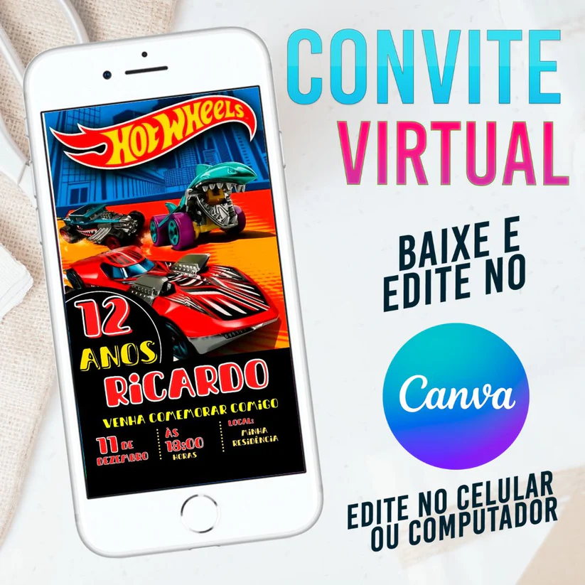 Convite Virtual Hot Wheels Monster Trucks Editável no Canva - Festa Temática