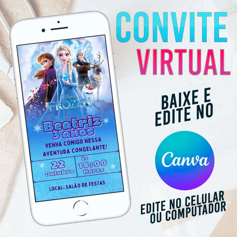 Convite Virtual Frozen Editável no Canva - Festa Infantil Elsa e Anna Disney