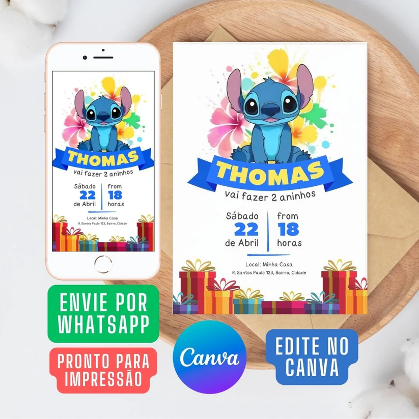 Stitch Aquarela Convite Virtual editável no Canva. Convite Digital Stitch editável no Canva. Convite Stitch WhatsApp template Canva.