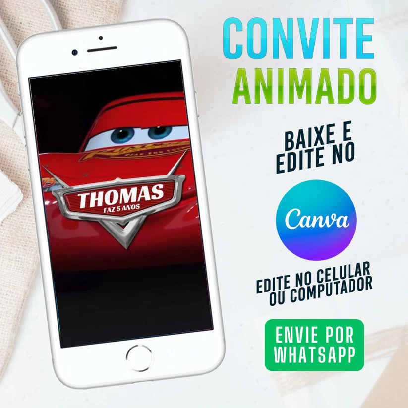 Convite Animado Carros Disney Editável no Canva - Relâmpago McQueen (Vídeo)