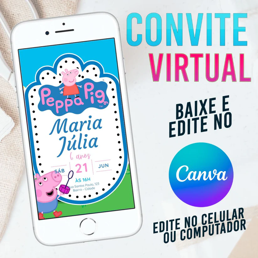 Convite Virtual Peppa Pig Editável no Canva - Festa Infantil Digital